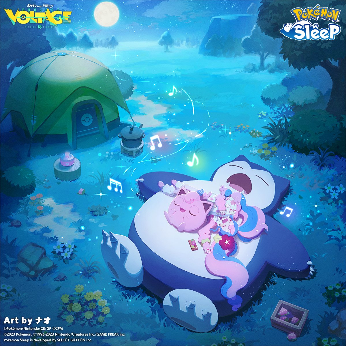 1girl 2others berry blue_hair claws fairy_miku_(project_voltage) fangs field grass gyaru hatsune_miku highres jigglypuff moon multicolored_hair multiple_others musical_note nao_(naaa_195) night official_art open_mouth pillow pink_hair pokemon pokemon_(creature) pokemon_sleep project_voltage second-party_source sleeping sleeping_on_pokemon snorlax tent tusks twintails vocaloid