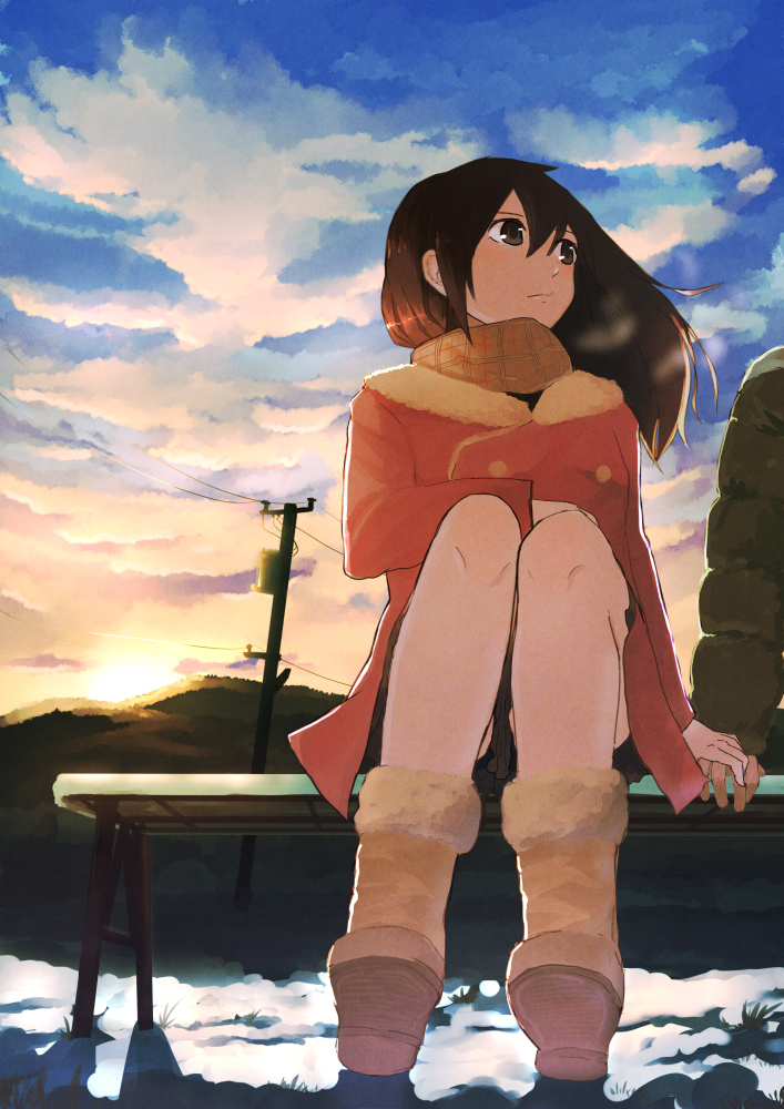 1boy 1girl bench black_eyes black_hair boots brown_footwear brown_scarf clouds coat commentary_request floating_hair fur-trimmed_boots fur-trimmed_coat fur_trim hair_between_eyes hetero holding_hands inami_hatoko long_hair long_sleeves original outdoors pantyhose pink_coat power_lines scarf sitting snow solo_focus sun utility_pole white_pantyhose winter_clothes