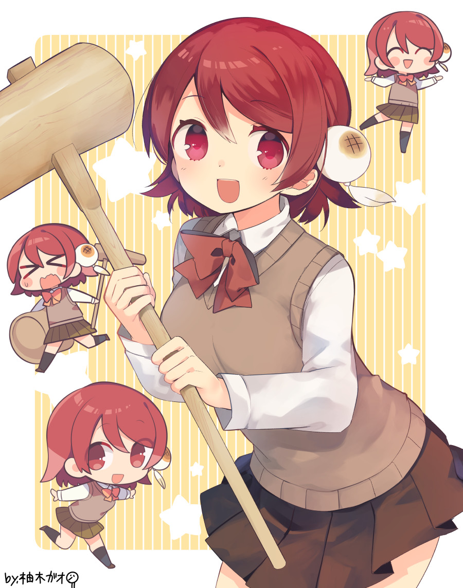 &gt;_&lt; 1girl :d ^_^ black_socks blush blush_stickers bow breasts brown_background brown_footwear brown_skirt closed_eyes collared_shirt commission copyright_request food holding holding_mallet kine kneehighs long_sleeves mallet medium_breasts mochi multiple_views pleated_skirt red_bow red_eyes redhead running school_uniform shirt shoes skeb_commission skirt smile socks starry_background sweater_vest two-tone_background white_background white_shirt yuzuki_gao