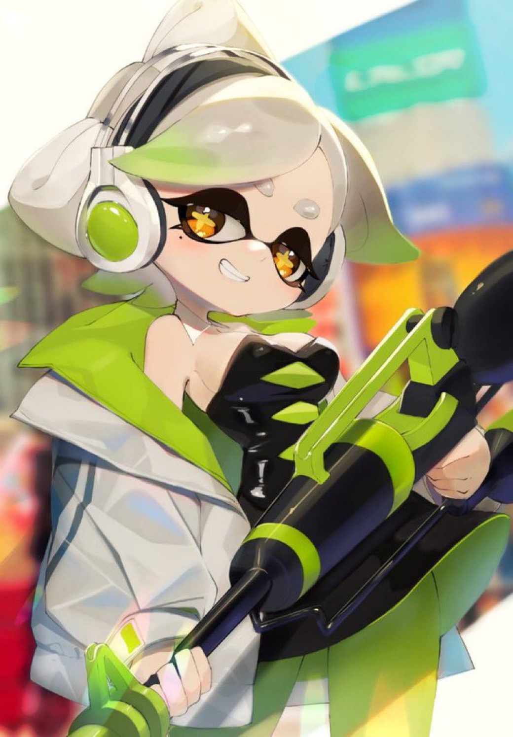 bare_arms bare_shoulders black_dress bow-shaped_hair detached_collar dress flipped_hair food food_on_head gloves green_pantyhose grey_hair headphones hero_charger_(splatoon) highres jacket marie_(splatoon) mole mole_under_eye nomu_(29_nom) object_on_head pantyhose short_dress short_ponytail splatoon_(series) squid_girl strapless strapless_dress sushi swept_bangs tentacle_hair thick_eyebrows white_gloves white_jacket yellow_eyes
