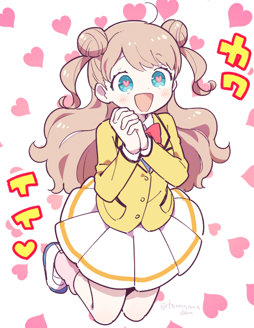 1girl :d blazer blue_eyes blush brown_hair double_bun full_body hair_bun hands_up heart heart-shaped_pupils heart_background interlocked_fingers jacket kanamori_maria kiratto_pri_chan long_hair long_sleeves looking_at_viewer open_mouth own_hands_together pleated_skirt pretty_series school_uniform shoes skirt smile solo symbol-shaped_pupils terayamaden two_side_up white_background white_footwear white_skirt yellow_jacket