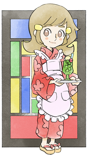 1girl 5-volt apron blush brown_eyes brown_hair drink floral_print holding holding_tray japanese_clothes long_hair looking_at_viewer official_art pink_apron smile takeuchi_kou third-party_source tray warioware warioware:_get_it_together!