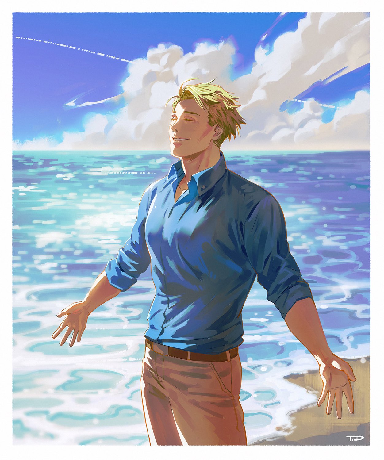 1boy beach belt blonde_hair blue_shirt brown_belt closed_eyes clouds collared_shirt commentary grey_pants highres jujutsu_kaisen male_focus nanami_kento ocean outdoors outstretched_arms pants parted_lips sand shirt short_hair smile solo standing teeth todo269 upper_teeth_only