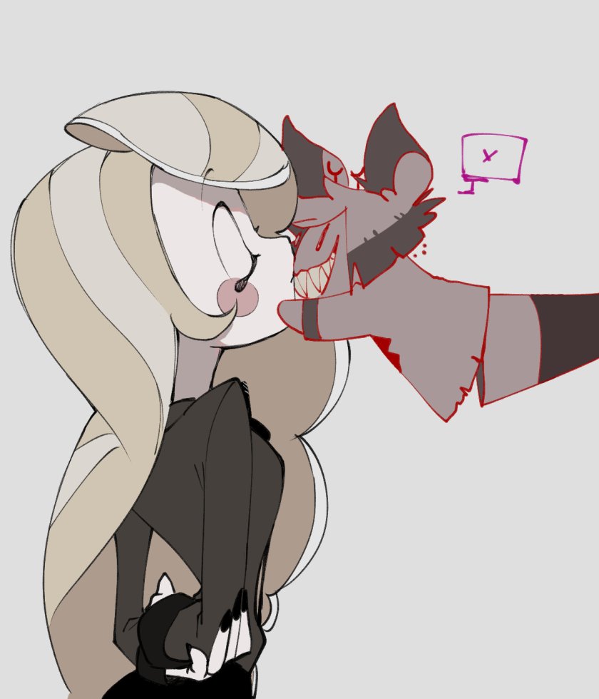1girl alastor_(hazbin_hotel) arms_behind_back blonde_hair character_doll charlie_morningstar closed_eyes commentary grin hazbin_hotel katahaba_05m kiss long_hair out_of_frame sharp_teeth simple_background smile symbol-only_commentary teeth