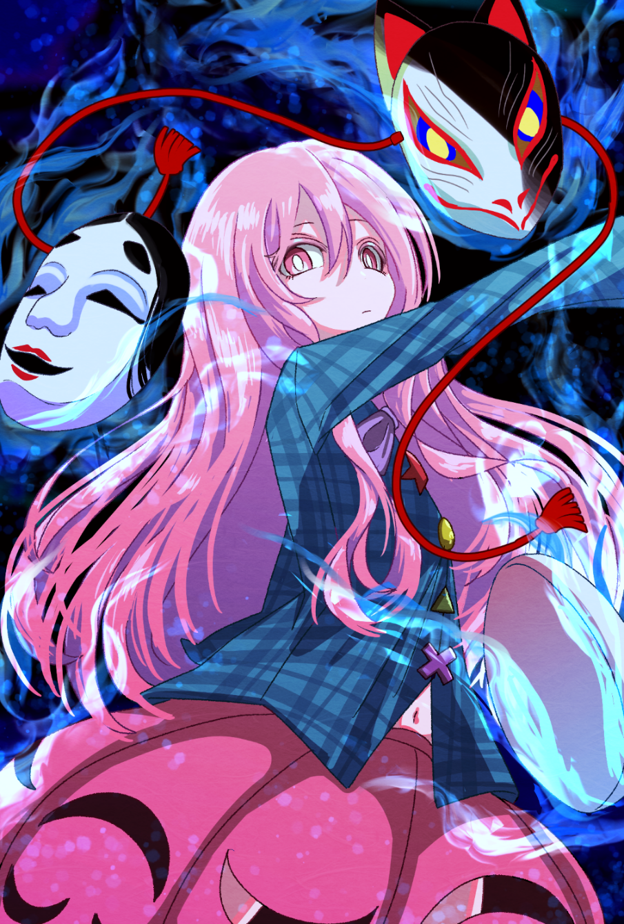 1girl anniversary black_background blue_fire blue_shirt bright_pupils buttons closed_mouth clothing_cutout colored_eyelashes cowboy_shot diao_ye_zong expressionless fire fox_mask fukutsuu_(pixiv_33450615) hata_no_kokoro highres long_hair looking_at_viewer mask midriff_peek navel noh_mask orange_skirt outstretched_arm pink_eyes pink_hair plaid plaid_shirt plaid_sleeves pumpkin_skirt shirt sidelocks simple_background skirt solo touhou white_mask white_pupils