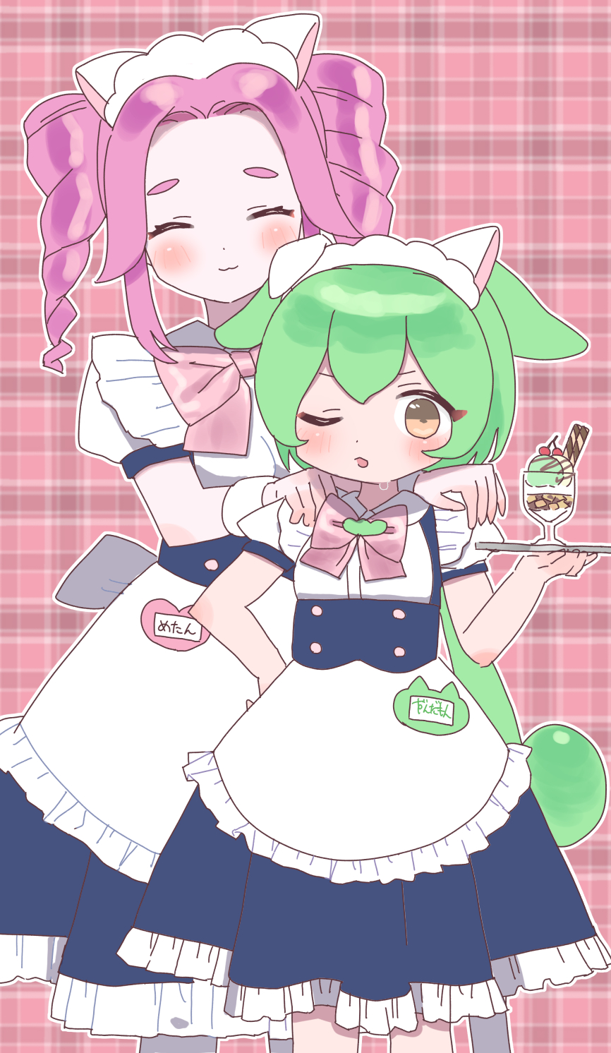 2girls :3 animal_ear_hairband animal_ears apron back_bow blue_dress blush bow bowtie breasts cat_ear_hairband cat_ears character_name closed_eyes closed_mouth dot_nose double-parted_bangs dress drill_hair fake_animal_ears feet_out_of_frame food green_hair hairband hand_on_another's_shoulder hand_on_own_hip height_difference highres holding holding_tray howahowa_kanmiryou ice_cream long_hair looking_at_viewer low_ponytail maid maid_headdress medium_breasts multiple_girls name_tag one_eye_closed open_mouth parted_bangs pink_bow pink_bowtie pink_hair plaid plaid_background puffy_short_sleeves puffy_sleeves shikoku_metan shirt short_sleeves sidelocks small_breasts smile socks standing sundae sweatdrop thick_eyebrows translated tray twin_drills voiceroid voicevox white_apron white_shirt white_socks white_wristband yellow_eyes zundamon