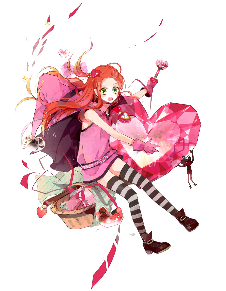 1girl animal basket belt box broom broom_riding chocolat_meilleure dress duke_(sugar_sugar_rune) floating_hair frog full_body gift gift_box heart heart-shaped_ornament heart_pendant highres holding holding_heart holding_stick jewelry looking_at_viewer open_mouth orange_hair pendant pink_dress sidelocks simple_background stick striped_clothes striped_thighhighs sugar_sugar_rune thigh-highs third-party_source yoursincere