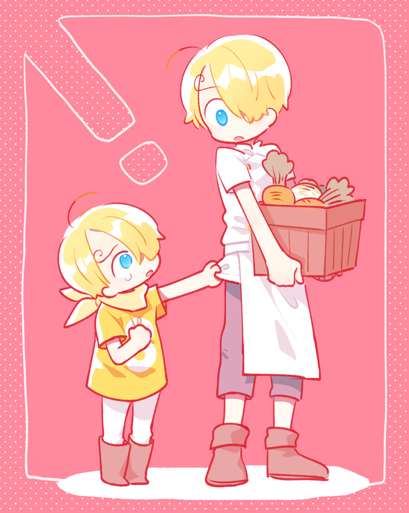! 2boys :o aged_down ahoge apron bandana blonde_hair blue_eyes boots box brown_footwear carrot chef clothes_pull commentary crying curly_eyebrows food frown full_body hair_over_one_eye holding holding_box long_bangs looking_down looking_up male_focus mob0322 multiple_boys one_piece pants red_background sanji_(one_piece) shirt short_hair simple_background t-shirt tears time_paradox vegetable waist_apron white_pants yellow_bandana yellow_shirt