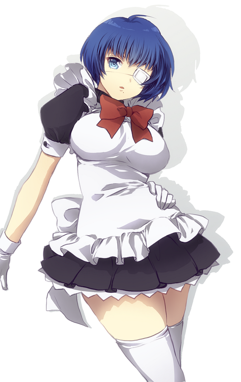 1girl beach blue_eyes blue_hair bow breasts eyepatch gloves ikkitousen large_breasts looking_at_viewer maid medical_eyepatch murata_tefu open_mouth ryomou_shimei short_hair simple_background solo standing thigh-highs white_background white_gloves white_thighhighs