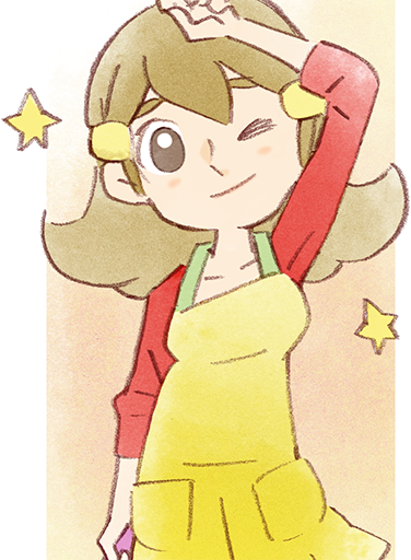 1girl 5-volt apron arm_up brown_eyes brown_hair long_hair looking_at_viewer official_art one_eye_closed red_shirt shirt simple_background smile star_(symbol) takeuchi_kou third-party_source warioware warioware:_get_it_together! yellow_apron