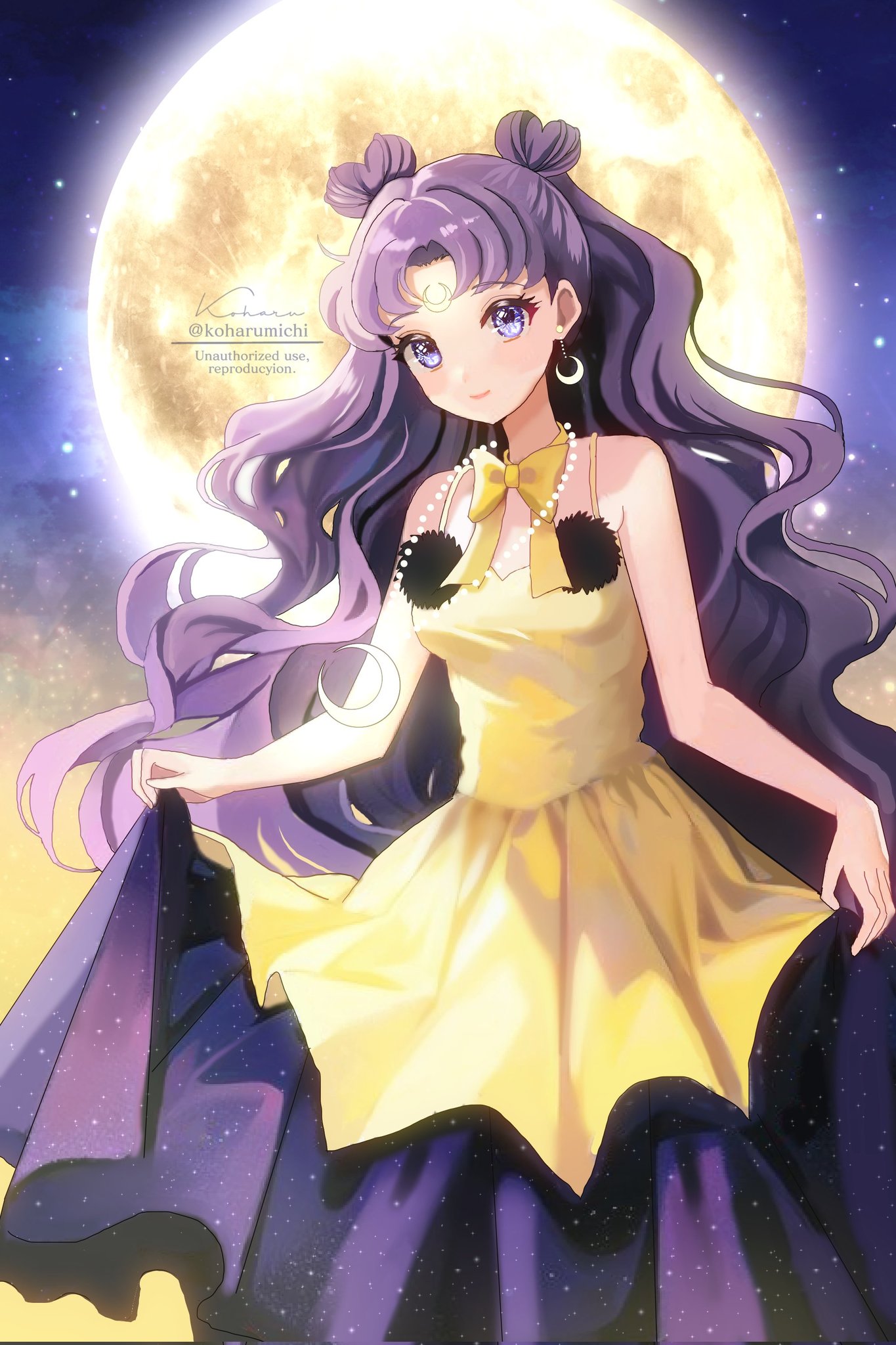 1girl bishoujo_senshi_sailor_moon black_hair bow choker corrupted_twitter_file crescent crescent_earrings crescent_facial_mark crescent_necklace double_bun dress earrings facial_mark forehead_mark hair_bun highres jewelry koharumichi long_hair luna_(sailor_moon) luna_(sailor_moon)_(human) necklace personification solo very_long_hair violet_eyes wavy_hair yellow_bow yellow_choker yellow_dress