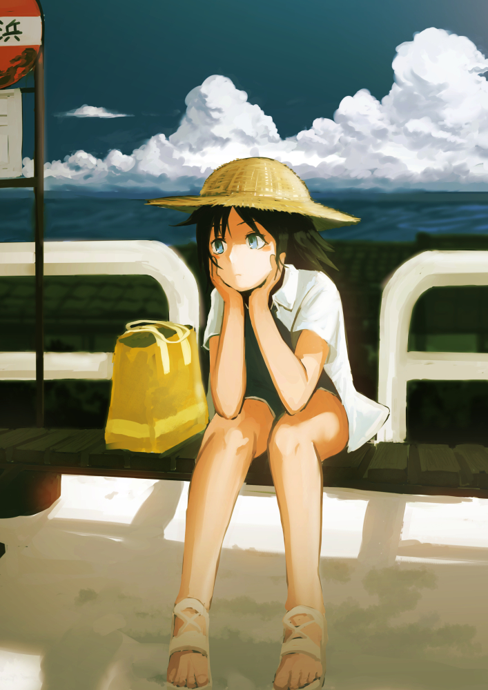 1girl bag bench black_hair blue_eyes blue_one-piece_swimsuit bus_stop closed_mouth clouds commentary_request cumulonimbus_cloud fence hands_on_own_cheeks hands_on_own_face hat head_rest inami_hatoko jacket ocean one-piece_swimsuit open_clothes open_jacket original short_sleeves sitting solo straw_hat sun_hat swimsuit white_jacket