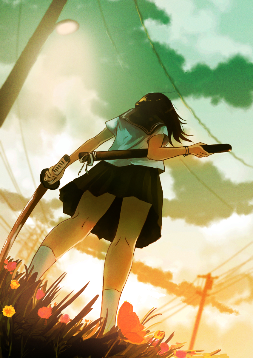1girl black_hair black_sailor_collar black_skirt commentary_request facing_away floating_hair flower_request from_behind from_below grass highres holding holding_sword holding_weapon inami_hatoko katana original outdoors power_lines sailor_collar school_uniform serafuku shirt short_hair short_sleeves skirt sky socks solo sword unsheathed utility_pole weapon white_shirt white_socks