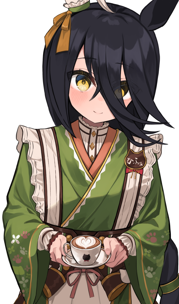 1girl ahoge animal_ears black_eyeliner black_hair blue_eyeliner blush bow braid brown_corset closed_mouth commentary_request corset cowboy_shot cup ear_covers eyelashes eyeliner food frilled_kimono frills green_bow green_kimono green_ribbon hair_between_eyes hair_bow hair_ribbon highres holding holding_plate horse_ears horse_girl japanese_clothes kimono kuronosu_(yamada1230) long_bangs long_hair long_sleeves looking_at_viewer low-tied_long_hair maid makeup manhattan_cafe_(umamusume) manhattan_cafe_(verdant_night)_(umamusume) multicolored_hair official_alternate_costume official_alternate_hairstyle plate pleated_skirt ribbon simple_background single_braid single_ear_cover skirt smile solo teacup tray umamusume wa_maid white_background white_hair wide_sleeves yellow_eyes