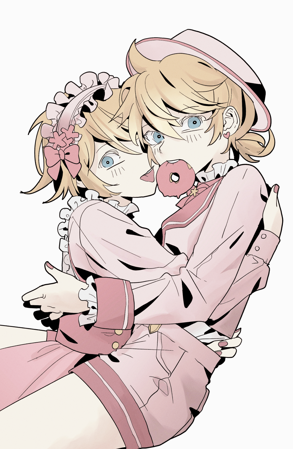 1boy 1girl arm_around_shoulder arm_around_waist blonde_hair blue_eyes bow commentary doughnut dress earrings food food_in_mouth hair_between_eyes hairband hat heart heart_earrings highres hug jewelry kagamine_len kagamine_rin lolita_hairband looking_at_viewer mangomelange messy_hair pink_bow pink_dress pink_hairband pink_headwear pink_nails pink_shorts pink_suit short_hair short_ponytail shorts siblings simple_background suit symbol-only_commentary tongue tongue_out twins vocaloid white_background