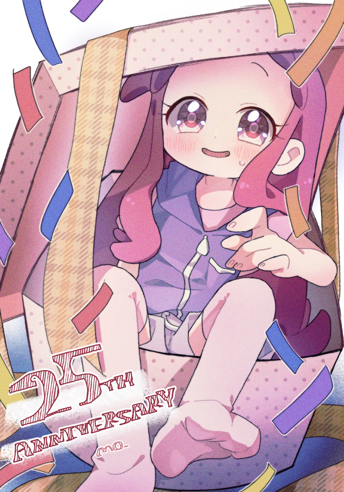 1girl anniversary blush box commentary confetti english_commentary gift gift_box harukaze_doremi highres hood hooded_jacket in_box in_container jacket knees_up long_hair looking_at_viewer mo_(mo_ojmj) no_shoes ojamajo_doremi open_mouth pink_eyes pink_hair pink_shirt pink_thighhighs purple_jacket shirt short_sleeves sitting sleeveless sleeveless_jacket smile soles solo thigh-highs very_long_hair