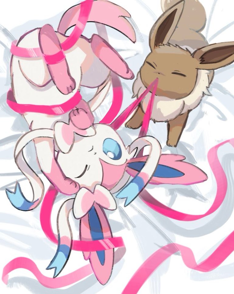 anzu_(01010611) aqua_eyes bright_pupils closed_eyes closed_mouth commentary_request eevee from_above lying mouth_hold no_humans on_back one_eye_closed pink_ribbon pokemon pokemon_(creature) pulling ribbon sylveon white_pupils