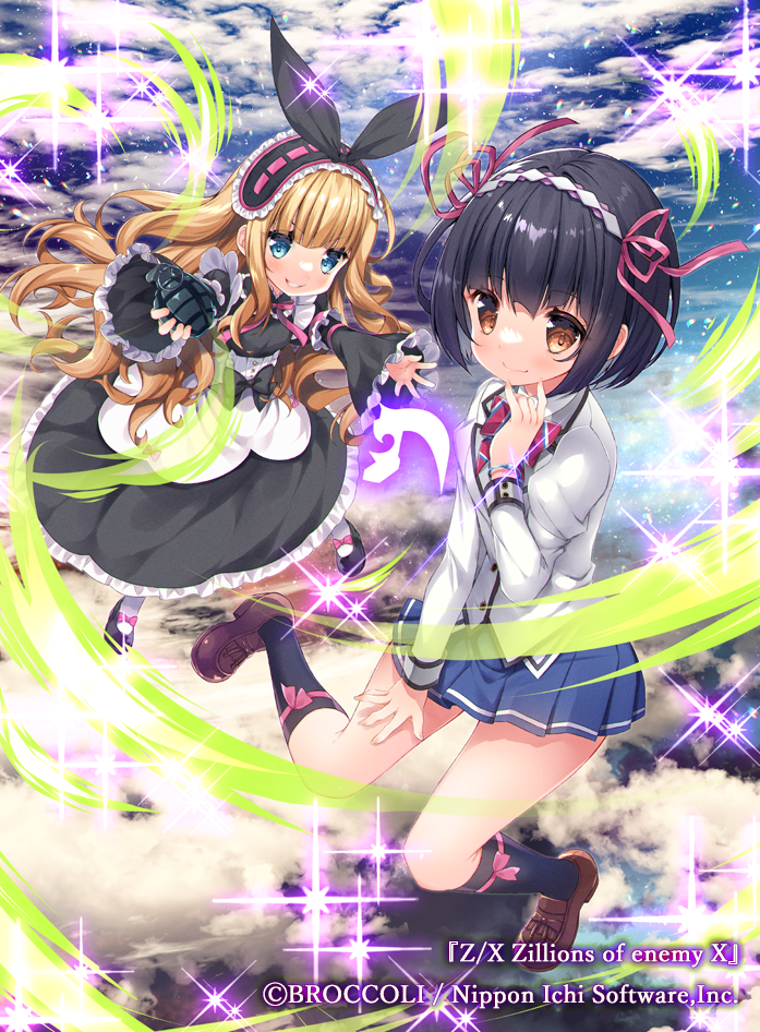 2girls black_dress black_footwear black_hair black_hairband black_socks blazer blue_eyes blue_skirt blue_sky brown_eyes brown_footwear brown_hair character_request closed_mouth clouds cloudy_sky commentary_request dress explosive frilled_hairband frilled_sleeves frills grenade grey_jacket hairband holding jacket juliet_sleeves kneehighs ko_yu loafers long_hair long_sleeves multiple_girls official_art pantyhose pleated_skirt puffy_sleeves ribbon-trimmed_hairband shoes skirt sky sleeves_past_wrists smile socks very_long_hair white_pantyhose wide_sleeves z/x