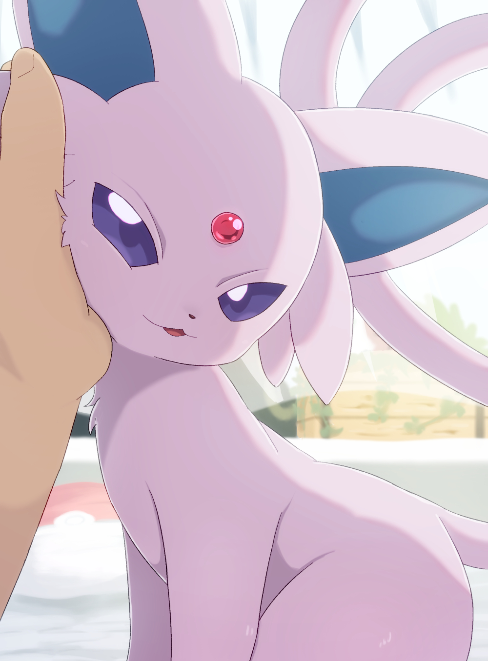 1boy blurry blurry_background commentary_request espeon forehead_jewel forked_tail highres indoors looking_at_viewer open_mouth petting poke_ball_print pokemon pov purple_fur rumine_(yoshi1234567) smile tail violet_eyes