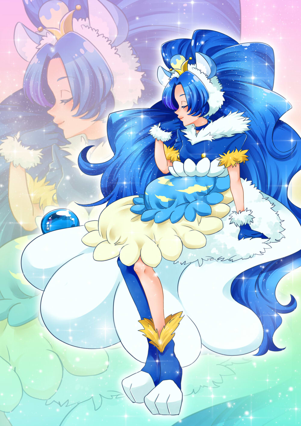 1girl animal_ears blue_choker blue_footwear blue_gloves blue_hair blue_pantyhose blue_shirt blue_skirt bubble_skirt choker closed_eyes closed_mouth crown cure_gelato cure_gelato_(a_la_mode_style) facing_to_the_side from_side fur-trimmed_gloves fur_trim gloves highres kirakira_precure_a_la_mode layered_skirt lion_ears long_hair magical_girl mini_crown pantyhose parted_bangs pota0606119 precure profile shirt shoes single_bare_leg single_leg_pantyhose skirt smile solo sparkle tategami_aoi very_long_hair white_skirt zoom_layer