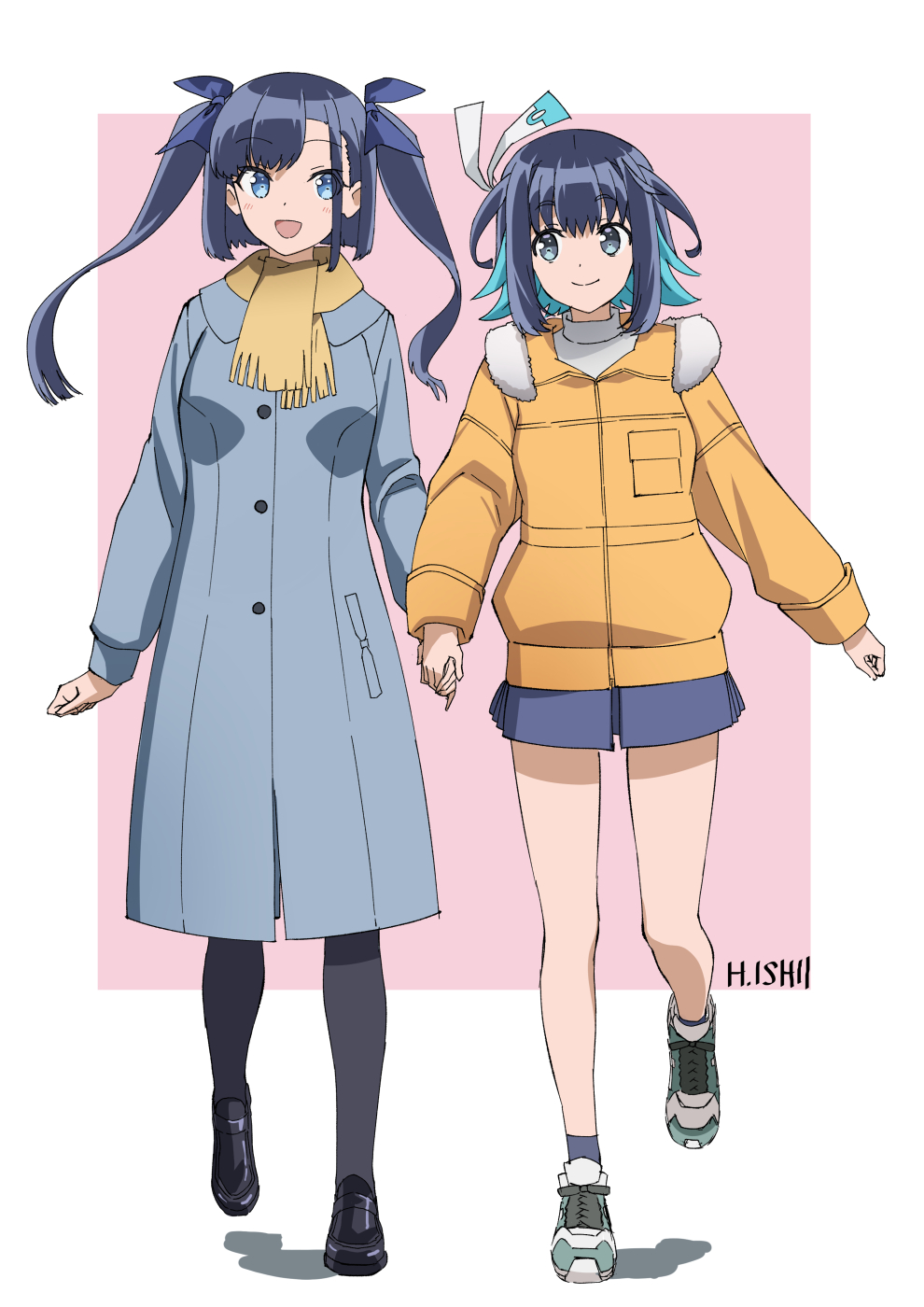 16bit_sensation 2girls akisato_konoha black_hair blue_eyes blue_hair coat fur_collar highres holding_hands ishii_hisao jacket long_hair looking_at_another multicolored_hair multiple_girls open_mouth pantyhose scarf shoes short_hair skirt smile sneakers twintails two-tone_hair yamada_touya