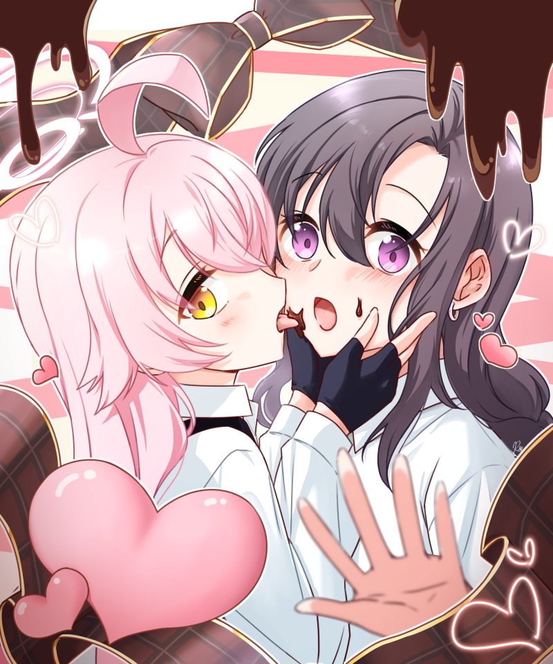 2girls ahoge black_gloves black_hair blue_archive chocolate chocolate_on_face collared_shirt female_sensei_(blue_archive) fingerless_gloves food food_on_face gloves hair_between_eyes halo heart hoshino_(blue_archive) licking licking_another's_cheek licking_another's_face long_hair long_sleeves looking_at_viewer multiple_girls open_mouth pink_hair rarasa_(rarasa) sensei_(blue_archive) shirt violet_eyes white_shirt yellow_eyes yuri
