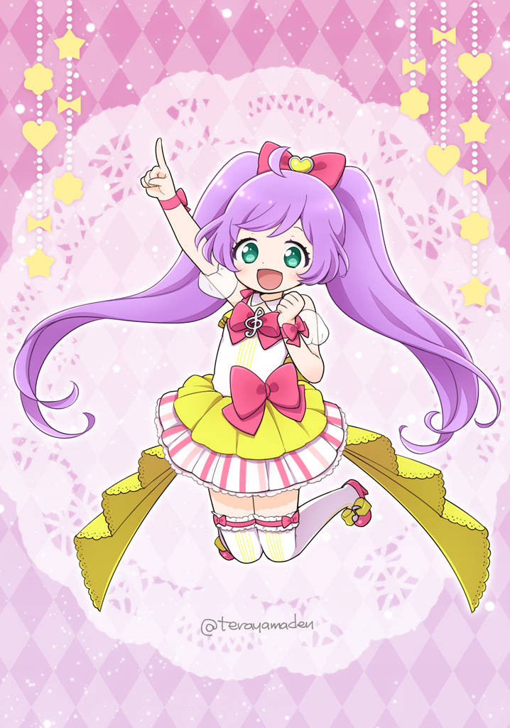 1girl :d ahoge argyle argyle_background arm_up bow detached_sleeves dress full_body green_eyes hair_bow idol_clothes index_finger_raised jumping long_hair looking_at_viewer manaka_laala open_mouth outstretched_arm pink_background pink_bow pink_footwear pretty_series pripara puffy_detached_sleeves puffy_sleeves purple_hair shoes sleeveless sleeveless_dress smile solo terayamaden thigh-highs treble_clef twintails very_long_hair white_thighhighs