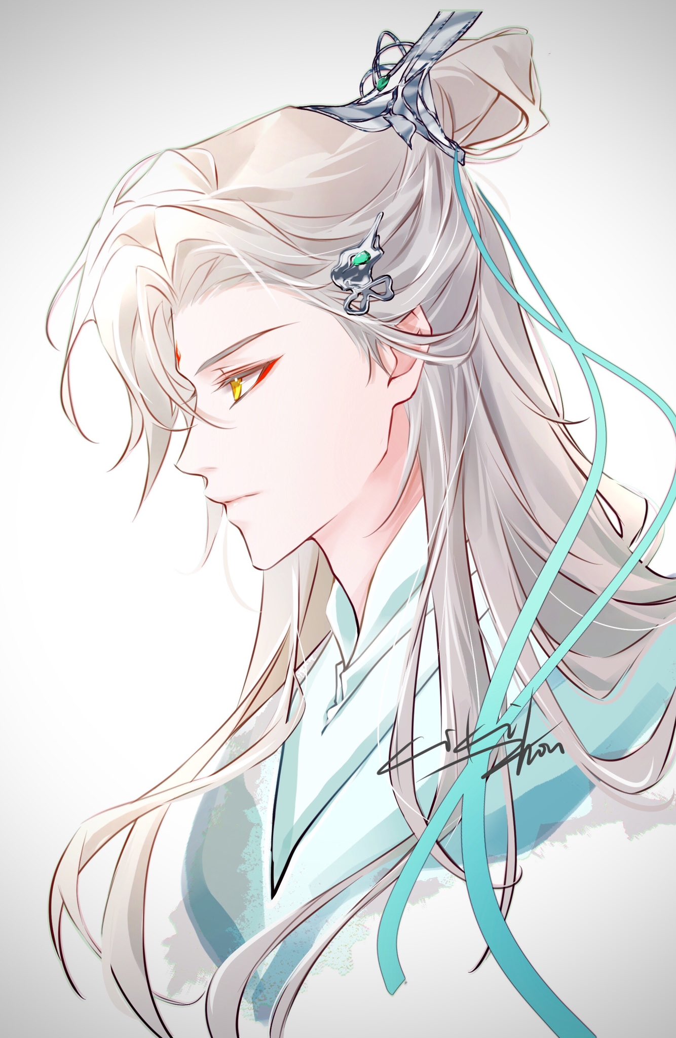 1girl china_dress chinese_clothes chinese_commentary closed_mouth dress facial_mark forehead_mark grey_background hair_ornament highres kikizhouu long_hair signature solo tears_of_themis upper_body very_long_hair vyn_richter_(tears_of_themis) white_hair yellow_eyes