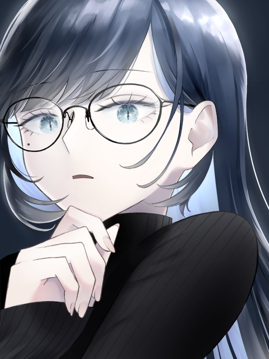 1girl ado_(utaite) black_hair black_sweater blue_eyes blue_hair chando_(ado) cloud_nine_inc colored_inner_hair glasses hand_on_own_chin highres long_hair long_sleeves looking_at_viewer mole mole_under_eye multicolored_hair parted_lips sleeves_past_elbows slit_pupils solo sweater turtleneck turtleneck_sweater two-tone_hair upper_body usui_usui utaite