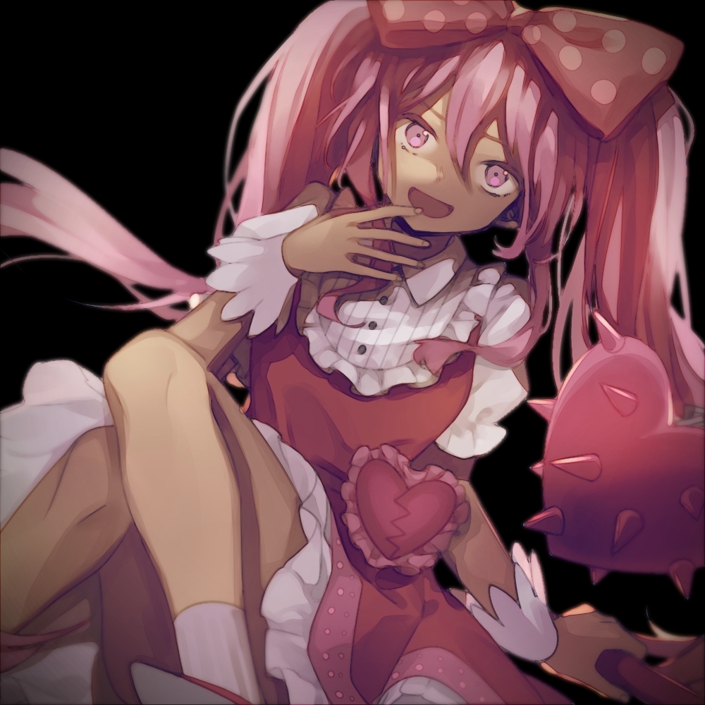 1girl arm_support black_background bow buttons collared_dress dress feet_out_of_frame frilled_dress frills hair_bow hand_on_own_face holding holding_mace inuko_(ink0425) knees_up long_hair looking_at_viewer mace omori open_mouth pink_bow pink_dress pink_eyes pink_hair pink_trim polka_dot polka_dot_bow puffy_short_sleeves puffy_sleeves short_sleeves sidelocks sitting socks solo spiked_mace spikes sweetheart_(omori) tan twintails weapon white_socks wrist_cuffs