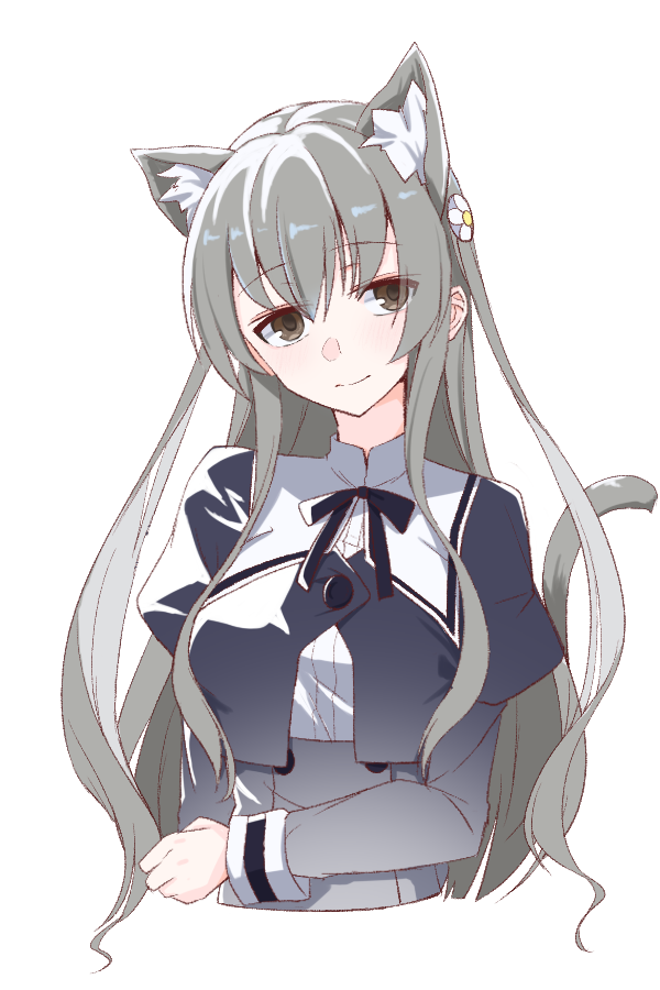 1girl animal_ear_fluff animal_ears arm_at_side assault_lily black_ribbon black_skirt breasts brown_eyes buttons cat_ears cat_girl cat_tail closed_mouth commentary_request cropped_jacket cropped_torso egawa_kusumi flower grey_hair gumoyu hair_between_eyes hair_flower hair_ornament hand_on_own_arm high-waist_skirt juliet_sleeves kemonomimi_mode large_breasts light_blush light_smile long_hair long_sleeves looking_at_viewer neck_ribbon puffy_sleeves ribbon school_uniform shirt sidelocks simple_background skirt solo tail tail_raised two_side_up upper_body very_long_hair white_background white_flower white_shirt yurigaoka_girls_academy_school_uniform