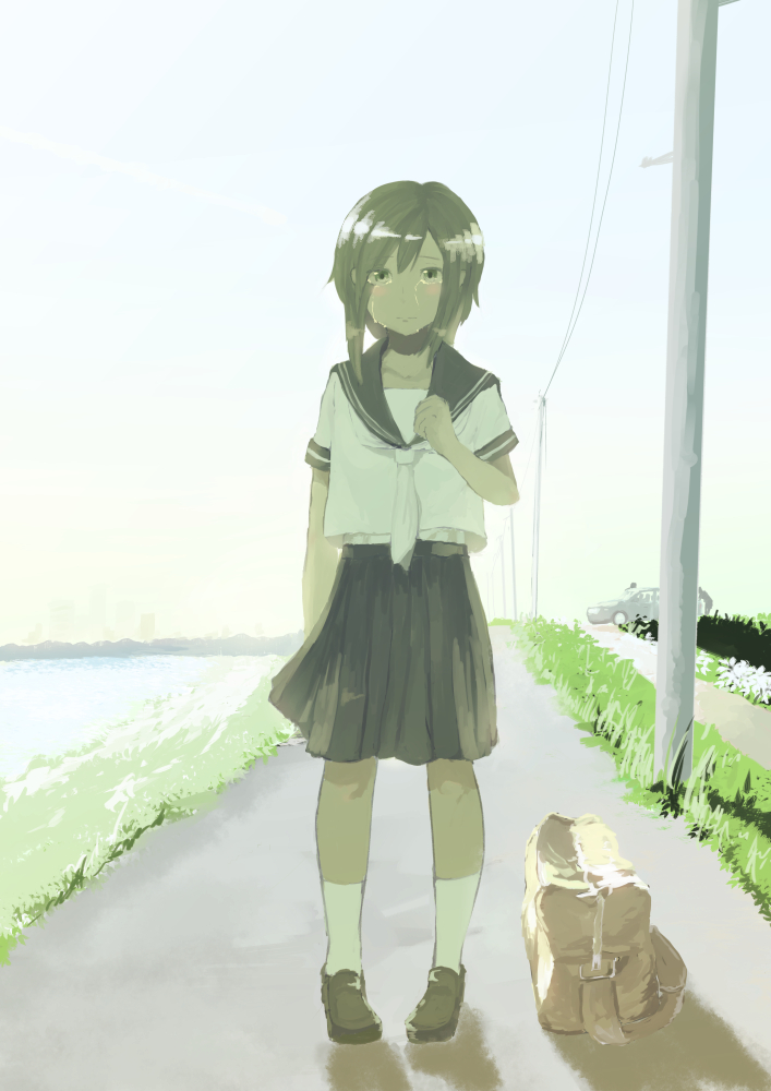 1girl blue_sailor_collar blue_skirt brown_bag brown_footwear brown_hair car closed_mouth collarbone commentary crying crying_with_eyes_open full_body grass green_eyes hand_up inami_hatoko jacket loafers motor_vehicle neckerchief original pleated_skirt power_lines road sailor_collar school_uniform serafuku shirt shoes short-sleeved_jacket short_hair short_sleeves sidelocks skirt socks solo standing tears white_neckerchief white_shirt white_socks