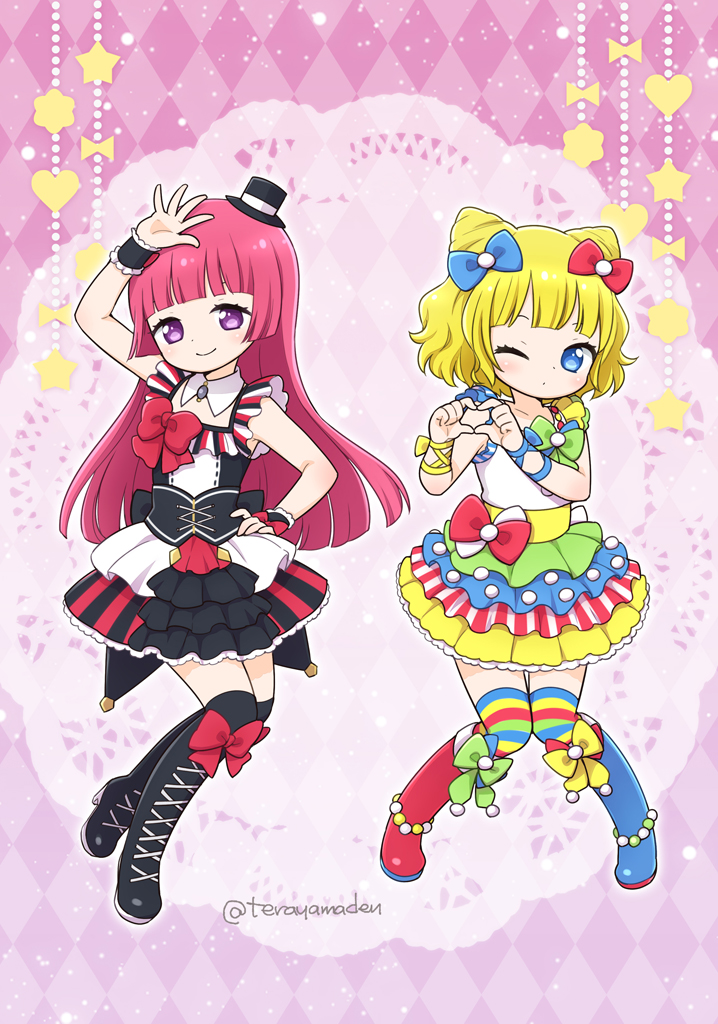 2girls arm_up asymmetrical_footwear black_footwear blonde_hair blue_bow blue_eyes blue_footwear blunt_bangs boots bow cone_hair_bun detached_collar double_bun dress full_body green_bow hair_bow hair_bun hand_on_own_hip hands_up hat heart heart_hands hojo_sophy idol_clothes knee_boots knees_together_feet_apart long_hair looking_at_viewer minami_mirei mini_hat mini_top_hat mismatched_footwear multicolored_clothes multicolored_dress multiple_girls one_eye_closed pretty_series pripara red_bow red_footwear short_hair smile striped_clothes striped_thighhighs terayamaden thigh-highs top_hat violet_eyes wrist_cuffs