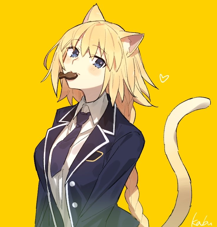 1girl animal_ears black_jacket black_necktie blazer blonde_hair blue_eyes braid braided_ponytail cat_ears cat_girl cat_tail collared_shirt commentary_request fate/apocrypha fate_(series) food_in_mouth jacket jeanne_d'arc_(fate) kabutomushi_s kemonomimi_mode necktie open_clothes open_jacket school_uniform shirt simple_background single_braid solo tail upper_body white_shirt yellow_background