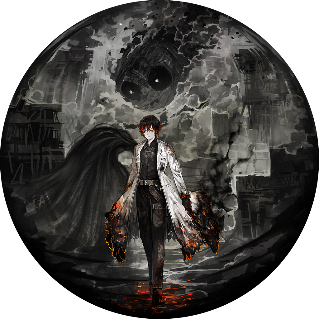 1boy bag belt black_footwear black_gloves black_hair black_shirt burnt_clothes collared_shirt e.g.o_(project_moon) fire game_cg gloves holding holding_knife knife lab_coat limbus_company multicolored_hair nai_ga official_art project_moon redhead satchel scorched_girl shirt shoes short_hair single_wing smoke solo_focus thigh_strap wings yi_sang_(project_moon)