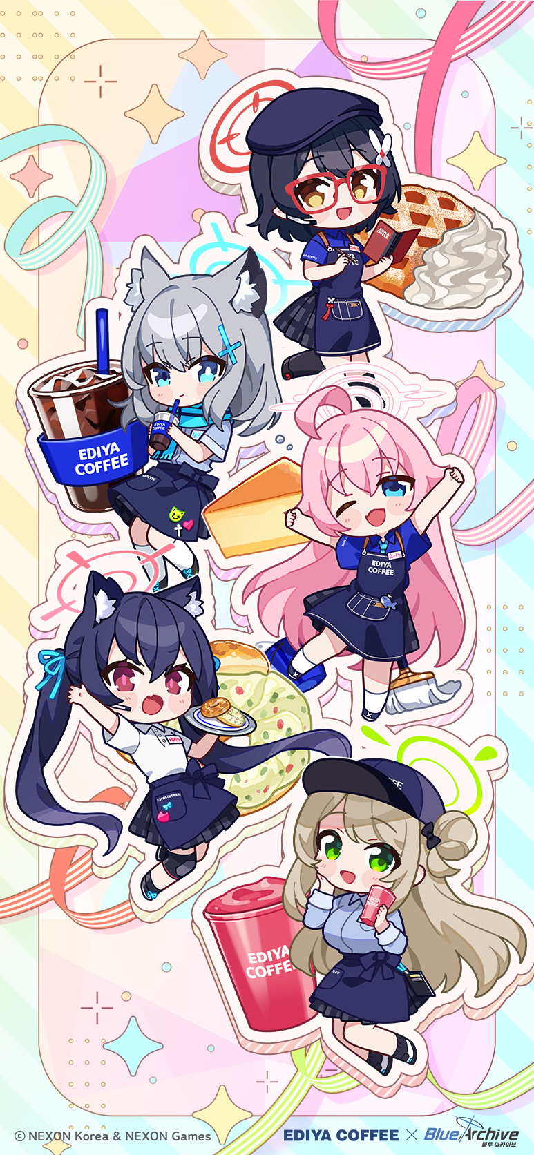 5girls ahoge animal_ears ayane_(blue_archive) black_footwear black_hair black_headwear black_skirt black_socks blue_archive blue_eyes blue_halo blue_shirt blush bucket cake cake_slice cat_ears closed_mouth coffee collared_shirt cross_hair_ornament doughnut drinking_straw ediya_coffee extra_ears fang food glasses green_halo grey_hair hair_between_eyes hair_ornament halo hat highres hoshino_(blue_archive) light_brown_hair long_hair medium_hair mismatched_pupils mop multiple_girls nokachoco114 nonomi_(blue_archive) official_art one_eye_closed open_mouth pink_hair pink_halo pleated_skirt pointy_ears red-framed_eyewear red_eyes red_halo serika_(blue_archive) shiroko_(blue_archive) shirt shoes short_hair skirt smile socks waffle white_footwear white_shirt white_socks wolf_ears yellow_eyes