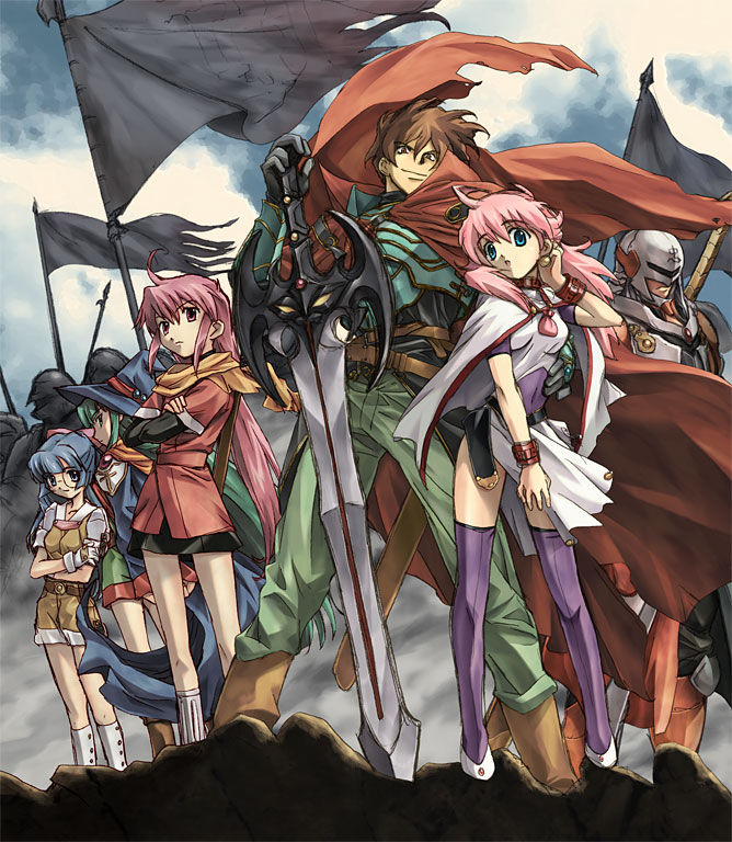 2boys 4girls armor breasts brown_hair commentary_request crossed_arms earrings flag glasses green_hair hat jewelry kentou_kanami kichikuou_rance knight long_hair maria_custard masou_shizuka multiple_boys multiple_girls mutsumi_masato outdoors pink_hair rance rance_(series) shorts sill_plain sky small_breasts smile sword thigh-highs weapon wizard_hat