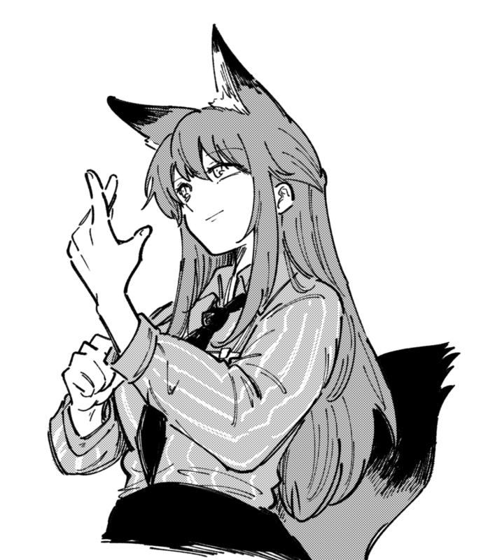 1girl adjusting_clothes adjusting_sleeves animal_ears arknights closed_mouth collared_shirt commentary_request cowboy_shot cropped_torso fox_ears fox_girl fox_tail franka_(arknights) greyscale halftone haruichi_(sazanami_complex) light_smile long_hair long_sleeves looking_up monochrome necktie shirt sidelocks simple_background solo striped_clothes striped_shirt tail tail_raised vertical-striped_clothes vertical-striped_shirt white_background
