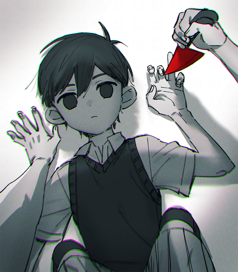 1boy arm_support blank_eyes chromatic_aberration collared_shirt commentary_request dual_persona expressionless from_above greyscale holding holding_knife knife looking_at_viewer lying male_focus monochrome no_pupils omori on_back out_of_frame pov pov_hands shadow shirt short_hair short_sleeves shorts simple_background sitting solo_focus spot_color stab sunny_(omori) sweater_vest thigh-highs toastytoast upper_body wariza white_background