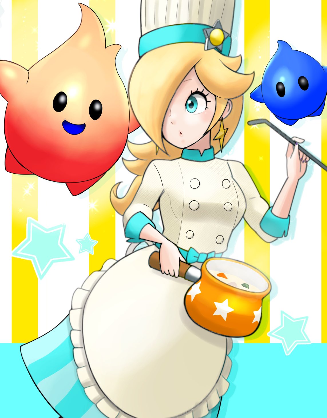 1girl a3_k306021 apron blonde_hair blue_eyes chef_hat cooking_pot earrings eyelashes hair_over_one_eye hat highres holding holding_cooking_pot holding_ladle hungry_luma_(super_mario_galaxy) jewelry ladle long_bangs long_hair looking_at_another luma_(mario) mario_kart mario_kart_tour official_alternate_costume parted_lips purple_nails rosalina rosalina_(chef) sleeves_past_elbows star_(symbol) star_earrings super_mario_bros. white_apron white_headwear