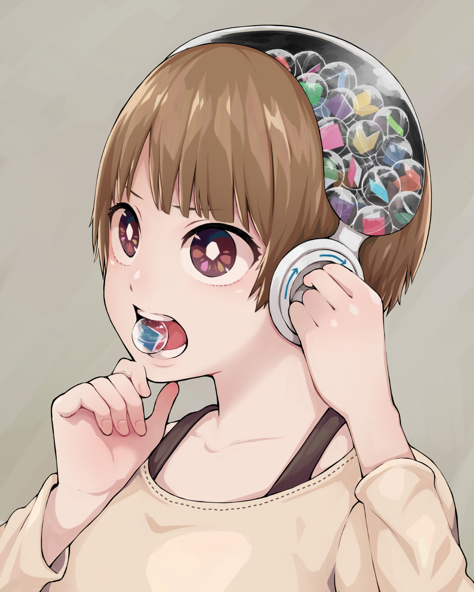 1girl brown_eyes brown_hair commentary gashapon highres original short_hair simple_background solo upper_body yajirushi_(chanoma)