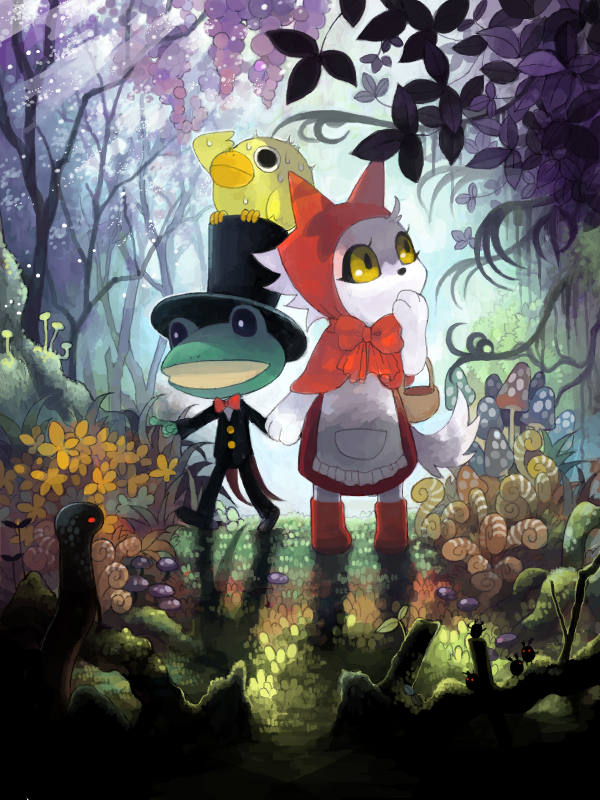 1boy 1girl animal_ear_hood apron bad_drawr_id bad_id bird black_pants black_suit bow bowtie branch bug buttons cat closed_mouth day duck food forest frilled_apron frills frog fruit full_body furry furry_female grapes grass hand_to_own_mouth hat holding_hands hood looking_up mabusyan moss multiple_others mushroom nature no_humans oekaki original outdoors pants personification pointing pointing_forward red_bow red_bowtie red_hood shadow snail snake standing suit top_hat tree white_apron white_cat white_tail