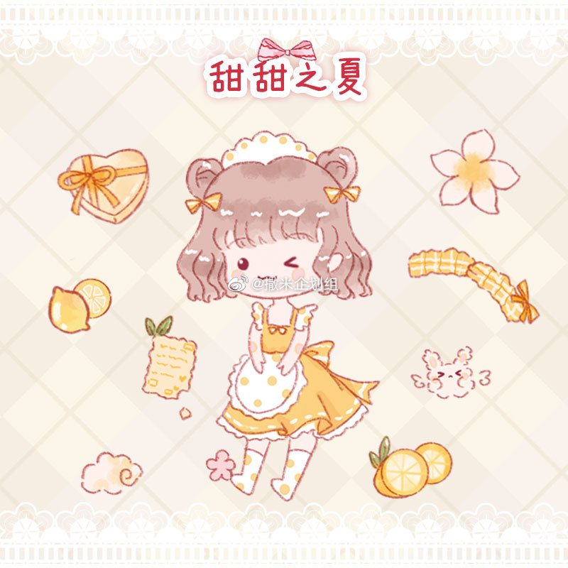 &gt;_o 1girl :o animal_ears apron argyle argyle_background bare_arms bear_ears black_eyes blunt_bangs blunt_ends blush_stickers bow bowtie box brown_background brown_hair chinese_commentary closed_mouth clouds commentary_request deformed dress flower food frilled_apron frilled_dress frills fruit full_body hair_bow heart-shaped_box kneehighs lace leaf lemon lemon_slice looking_at_viewer maid_headdress medium_dress one_eye_closed original pink_flower pleated_skirt polka_dot polka_dot_apron polka_dot_socks rabbit ribbon ribbon-trimmed_dress second-party_source short_hair simple_background skirt smile socks solid_circle_eyes solo square_neckline tuzi_jiushi_yuan_gungun waist_apron watermark wavy_hair weibo_logo weibo_username white_apron white_headdress white_socks yellow_bow yellow_bowtie yellow_dress yellow_ribbon