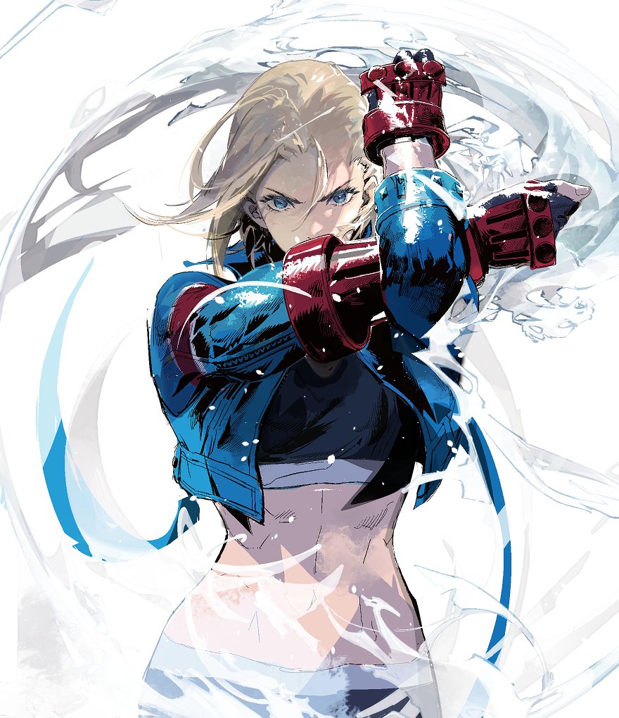 1girl abs armored_gloves blonde_hair blue_eyes blue_jacket cammy_white cofffee cropped_jacket fingerless_gloves gloves jacket midriff red_gloves short_hair solo sports_bra street_fighter street_fighter_6 white_background