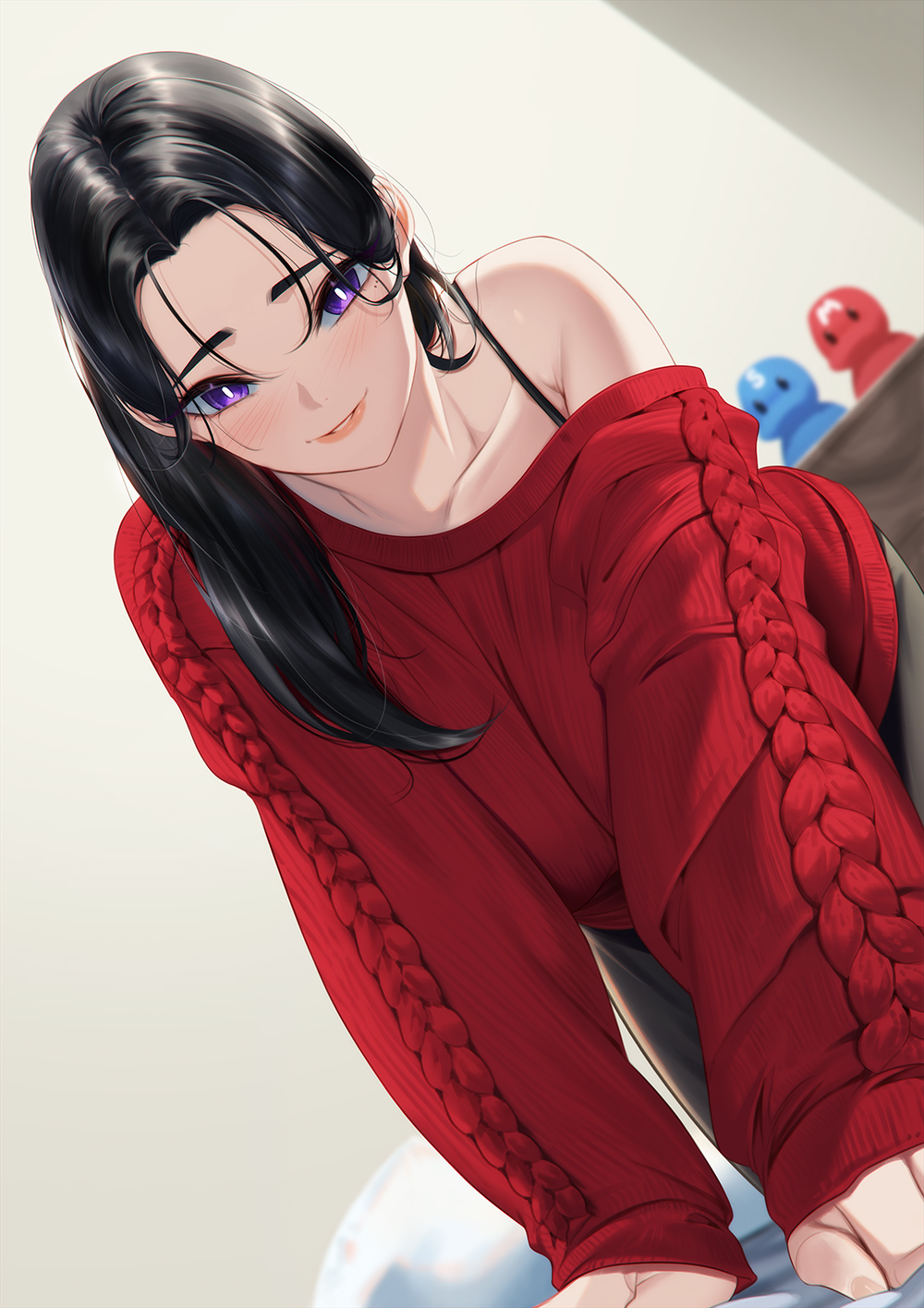 1girl all_fours bed black_hair black_skirt blueorca blurry blurry_background breasts collarbone highres indoors large_breasts long_hair long_sleeves off_shoulder original parted_lips pillow red_sweater single_bare_shoulder skirt sleeves_past_wrists smile solo sweater teeth violet_eyes