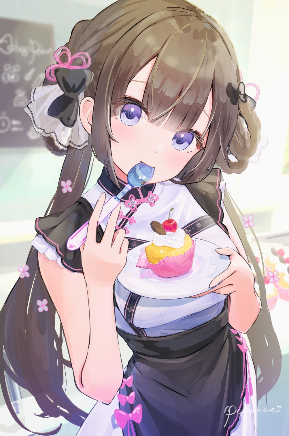 1girl apron blush bow brown_hair cherry cupcake dress eating food fruit hair_bow hair_rings highres holding holding_plate holding_spoon long_hair looking_at_viewer low_twintails original plate pokunoe short_sleeves solo spoon twintails very_long_hair violet_eyes waist_apron