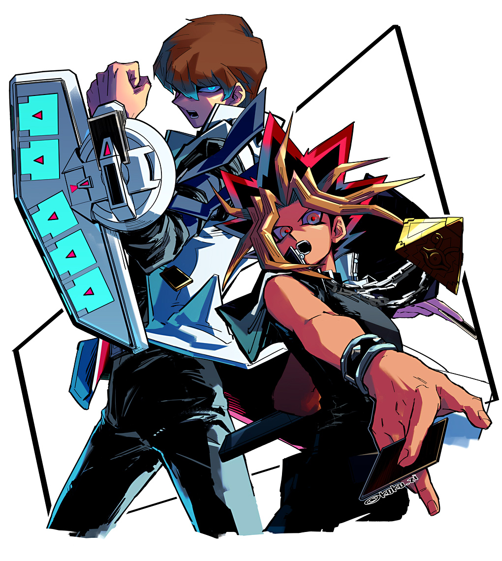 2boys black_pants blonde_hair blue_eyes blurry brown_hair card chain chain_necklace clenched_hand coat duel_disk dyed_bangs glowing glowing_eyes hand_up holding holding_card jacket jewelry kaiba_seto kokusoji looking_at_viewer male_focus millennium_puzzle multicolored_hair multiple_boys necklace open_clothes open_coat open_mouth pants shirt simple_background solo spiky_hair teeth white_background white_coat yami_yuugi yu-gi-oh! yu-gi-oh!_duel_monsters