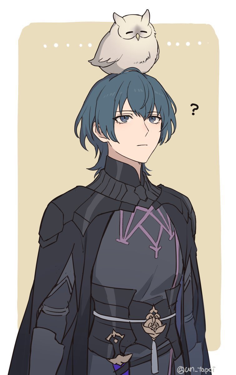 ... 1boy ? animal animal_on_head armor bird bird_on_head black_armor black_cape blue_eyes blue_hair byleth_(fire_emblem) byleth_(male)_(fire_emblem) cape closed_mouth feh_(fire_emblem_heroes) fire_emblem fire_emblem:_three_houses fire_emblem_heroes hair_between_eyes highres looking_at_another looking_up male_focus on_head owl short_hair twitter_username un_tapoi