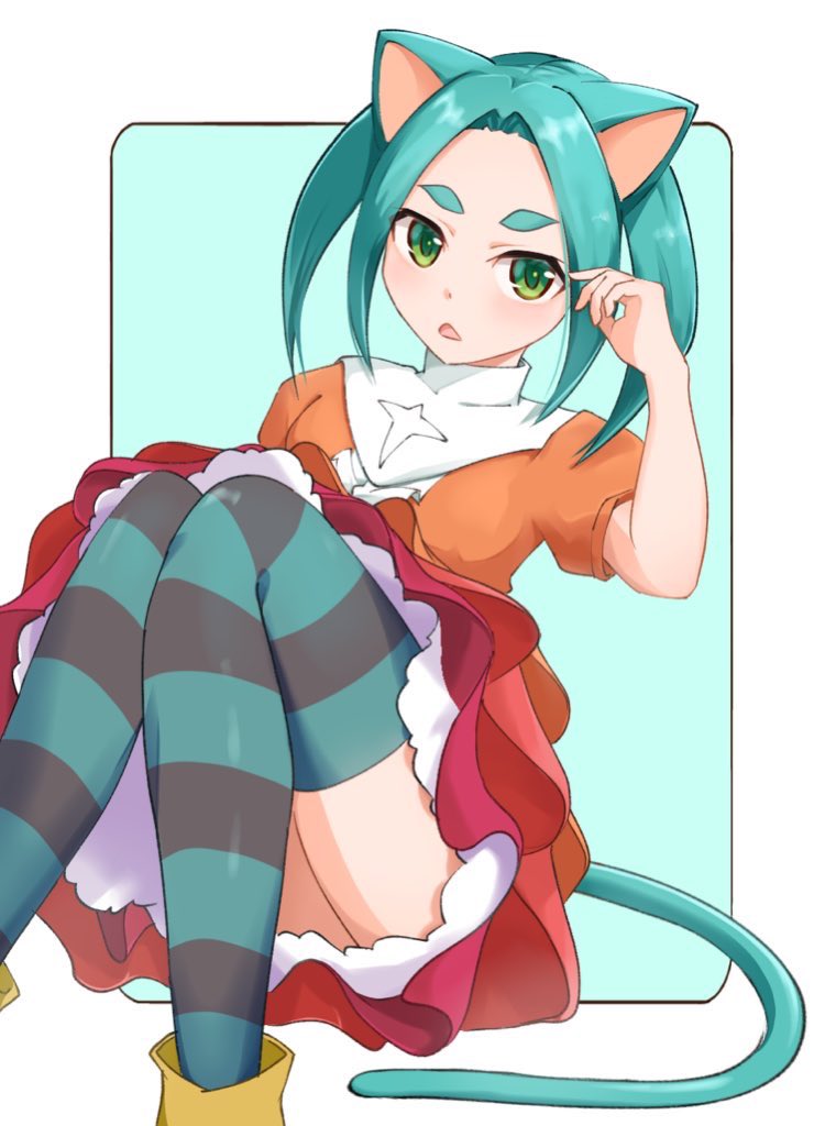 1girl 299_nkku :&lt; adjusting_hair animal_ears aqua_background aqua_hair aqua_thighhighs boots border breasts cat_ears cat_tail commentary dress feet_out_of_frame green_eyes grey_thighhighs hands_up hikimayu kemonomimi_mode light_blush long_hair monogatari_(series) on_ground ononoki_yotsugi orange_dress outside_border parted_lips petticoat puffy_short_sleeves puffy_sleeves rubber_boots short_eyebrows short_sleeves sidelocks simple_background sitting small_breasts solo striped_clothes striped_thighhighs tail thick_eyebrows thigh-highs twintails two-tone_thighhighs white_border yellow_footwear