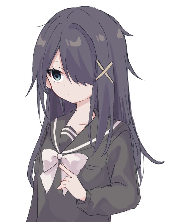 1girl ame-chan_(needy_girl_overdose) black_hair black_sailor_collar black_shirt blue_eyes bow closed_mouth hair_down hair_ornament hair_over_one_eye kabe_(zp66104) long_hair long_sleeves needy_girl_overdose official_alternate_costume official_alternate_hairstyle sailor_collar school_uniform shirt simple_background solo upper_body white_background white_bow x_hair_ornament